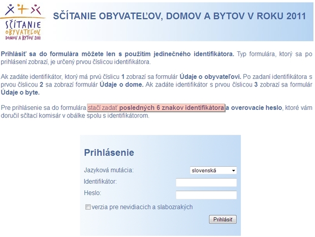 Prihlasovacia stránka do elektronického formulára na e-scitanie.sk